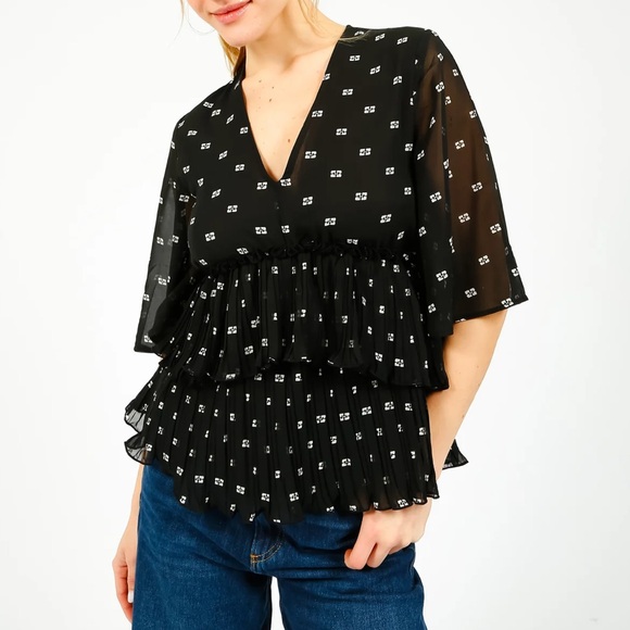 Ganni Tops - GANNI Black Graphic V Neck Georgette Flounce Blouse Short Sleeve sz 38 US 6 NWT